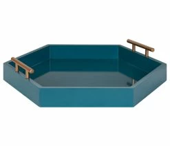 Budget 👍 Uniek Lipton Hexagon Decorative Tray With Metal Handles, Teal/Gold 18x18 😉