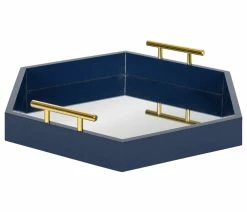 Coupon 😉 Uniek Lipton Hexagon Decorative Tray With Metal Handles, Navy Blue/Mirror 18x18 ❤️