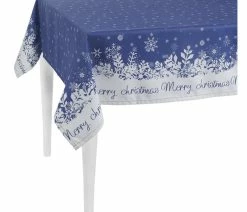 Budget โค๏ธ HomeRoots Furniture HomeRoots 84" Merry ๐ Christmas Printed Rectangle Tablecloth, Polyeste Blue ๐งจ