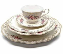 Promo ❤️ Royalty Porcelain "Ruby Rose" 5-pc White & Gold Floral Dinnerware Set 🎉