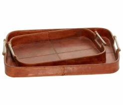 Budget 😉 Brimfield & May Set Of 2 Brown Leather Rustic Tray, 17", 21" 95046 🎁