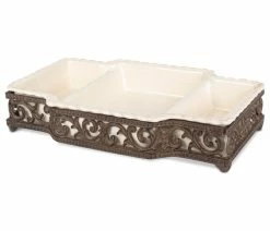 Brand new โ Gerson Company Cream Stoneware 3-part Server With Metal Acanthus Leaf Base ๐ฅฐ