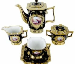 Outlet 😉 Royalty Porcelain Tea Set 17pc With 24K Gold 'Second Date' Limoges China, Blue ✨