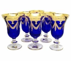 Promo 😍 Interglass Italy Set Of 6 Crystal Glasses, 24K Gold-Plated (Wine Goblets, Blue) 💯