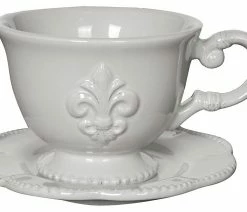 Promo ⭐ A&B Home Cream Ceramic Fleur-de-Lis Cup Saucer, Set Of 4 Sets 👍