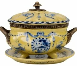 Discount 😍 William Sung Yellow And Blue Porcelain Tureen With Tray Brass Ormolu Accents, 6.5" 🎉
