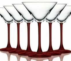Discount ⭐ Arc International Martini 10 Oz Accent Stem Wine Glasses - Set Of 6, Bottom Red 🥰
