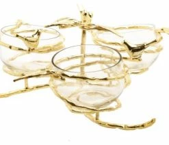 Discount 😍 Classic Touch Decor Gold Leaf 3 Bowl Relish Dish With Glass Inserts ✔️