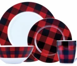Budget 🌟 Safdie & Co. Porcelain Dinnerset 16 Piece Buffalo Plaid Red/Black 👏
