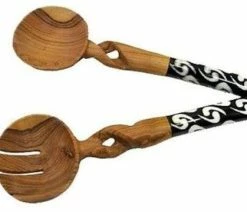 Wholesale ✔️ 11-Inch Olive Wood Salad Serving Set With Twisted Handles - Jedando Handicrafts 🛒