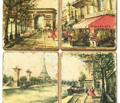 Flash Sale 🧨 Studio Art & Stone Tumbled Marble Coaster St/4 With Coaster Stand, Colorful Paris Street Scene 😍