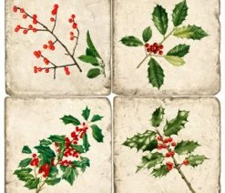 Discount 🥰 Studio Art & Stone Tumbled Marble Coaster St/4 With Coaster Stand, American Holly 🔔