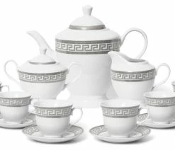 Discount 💯 Royalty Porcelain 17-pc Elegant Silver Greek Key Tea Set For 6, Czech Porcelain 🤩