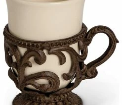 Best Sale ⭐ Geson Company Acanthus Leaf Cream Ceramic Cups With Brown Metal Base And Handle (Set Of 4) 😀